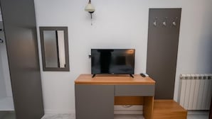 Une chambre moderne équipée d’un bureau en bois, d’un téléviseur à écran plat, d’un miroir et d’un radiateur.