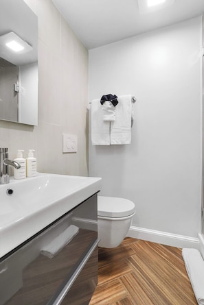 Shower, hair dryer, towels, shampoo - Sojourn Sleek Georgetown Studio with Patio (Washington)