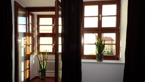 A room with a large window, a potted plant, and a wooden floor. - Exclusive 2-room apartment in a prime location on Neumarkt (Dresden)