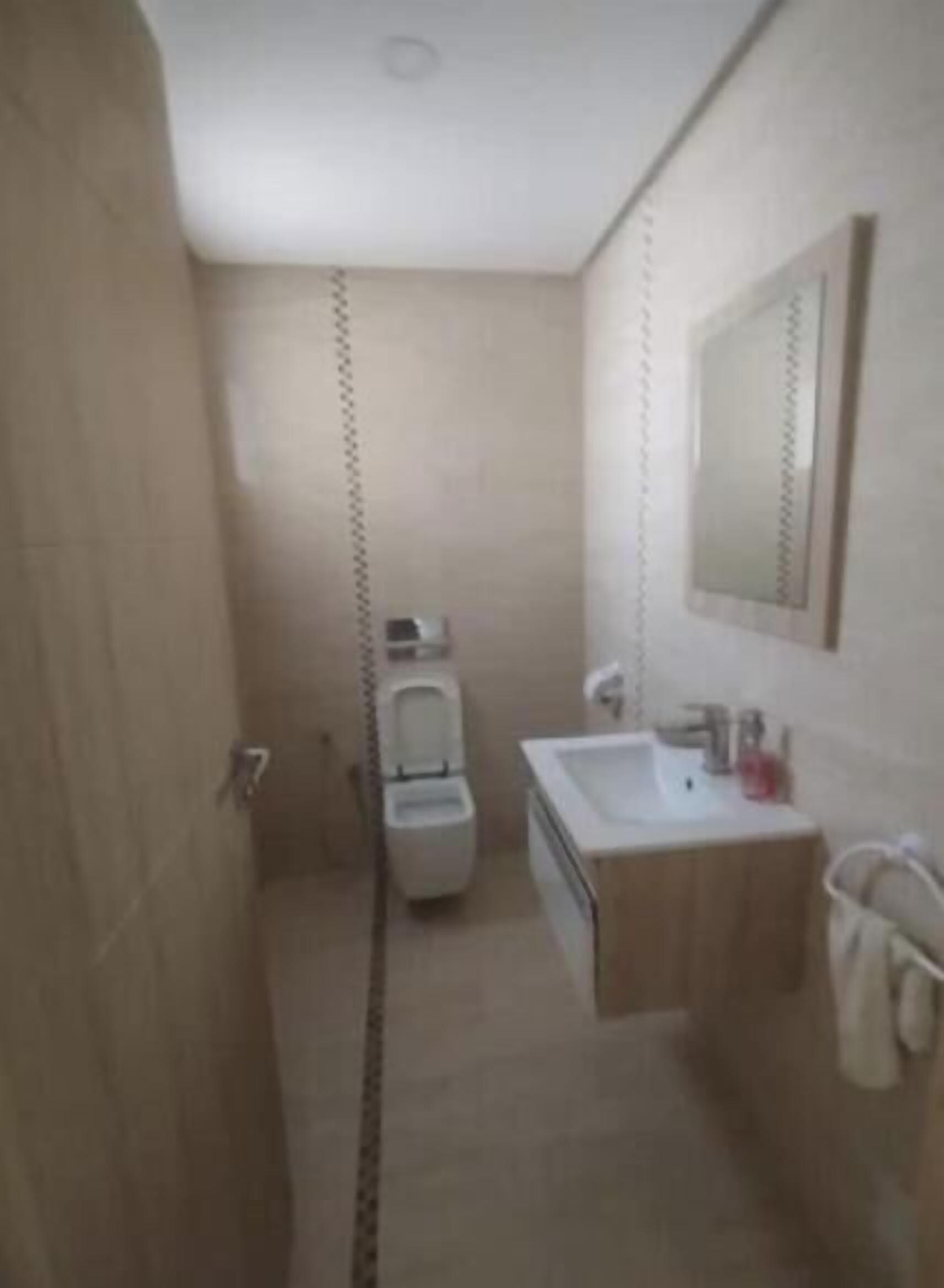 Un bagno con doccia, WC, lavandino e specchio.