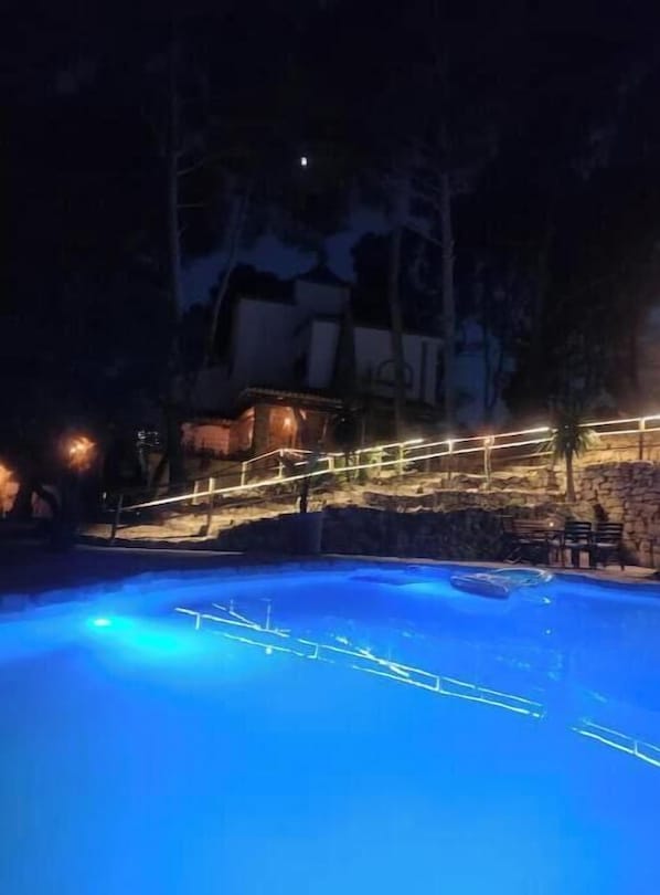 Una piscina con un muro de piedra y una terraza de madera.