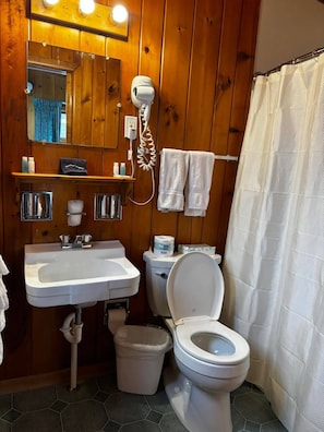 Une salle de bain aux murs lambrissés, équipée d’un lavabo, de toilettes et d’un rideau de douche.