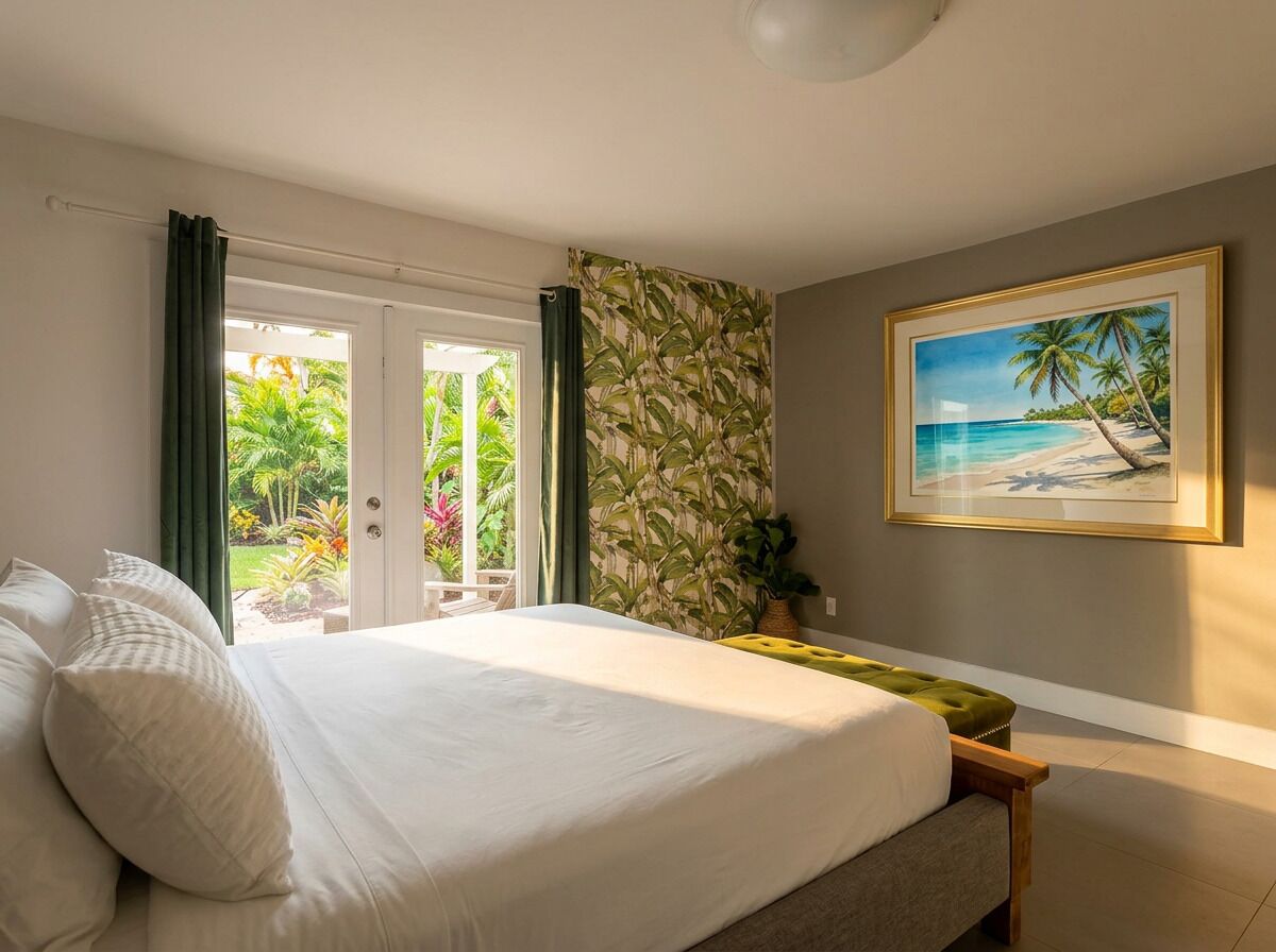 A bedroom with a bed, a bench, a painting, and a view of a garden through a sliding door.