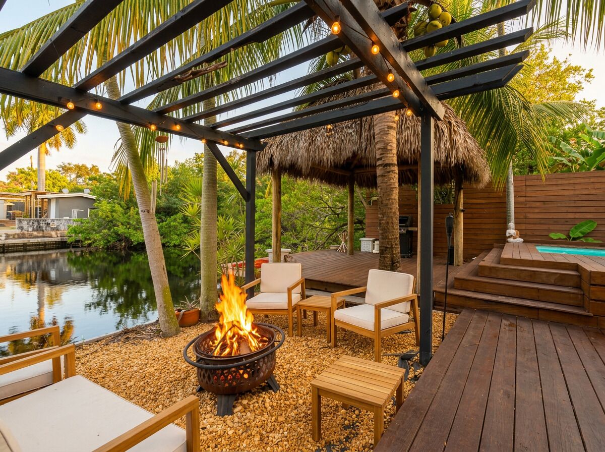 Eine Terrasse mit Feuerstelle, Sitzgelegenheiten, einem Pool und einer Struktur mit einem Reetdach.