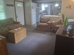 En stue med møbleret sofa med mønster, et lille bord, et skab og en potteplante.