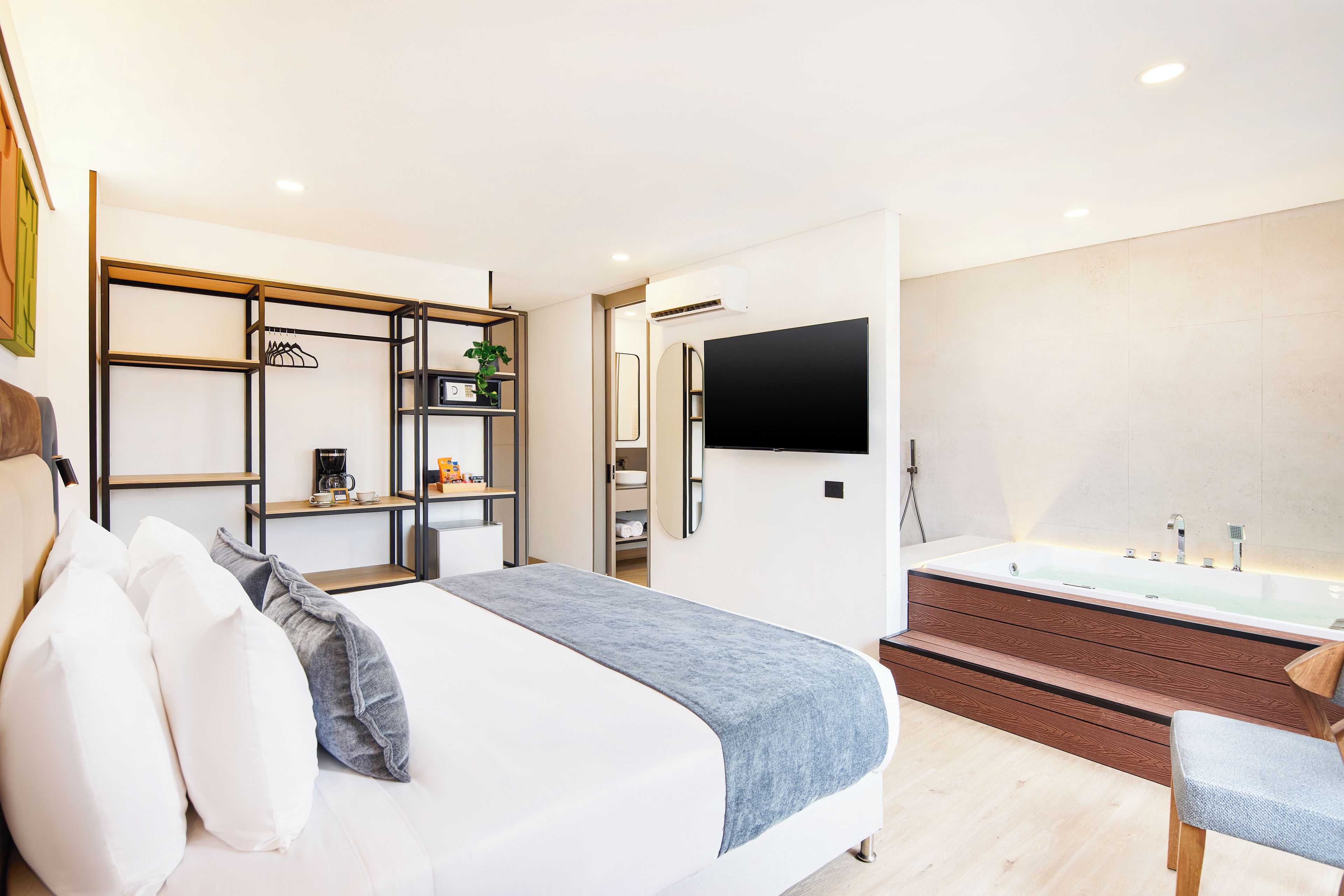 Une chambre moderne comprenant un lit, des tables de chevet, un téléviseur, une douche intégrée et un petit coin salon.