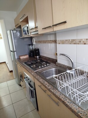 A kitchen with a stainless steel sink, a gas stove, and a dishwasher. - Beautiful 3-bedroom, 2-bathroom apartment with an ocean view and beach access (Valparaíso)