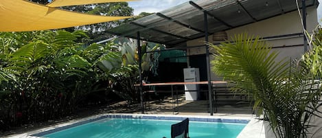 A swimming pool with a shaded area, a chair, and surrounding greenery.