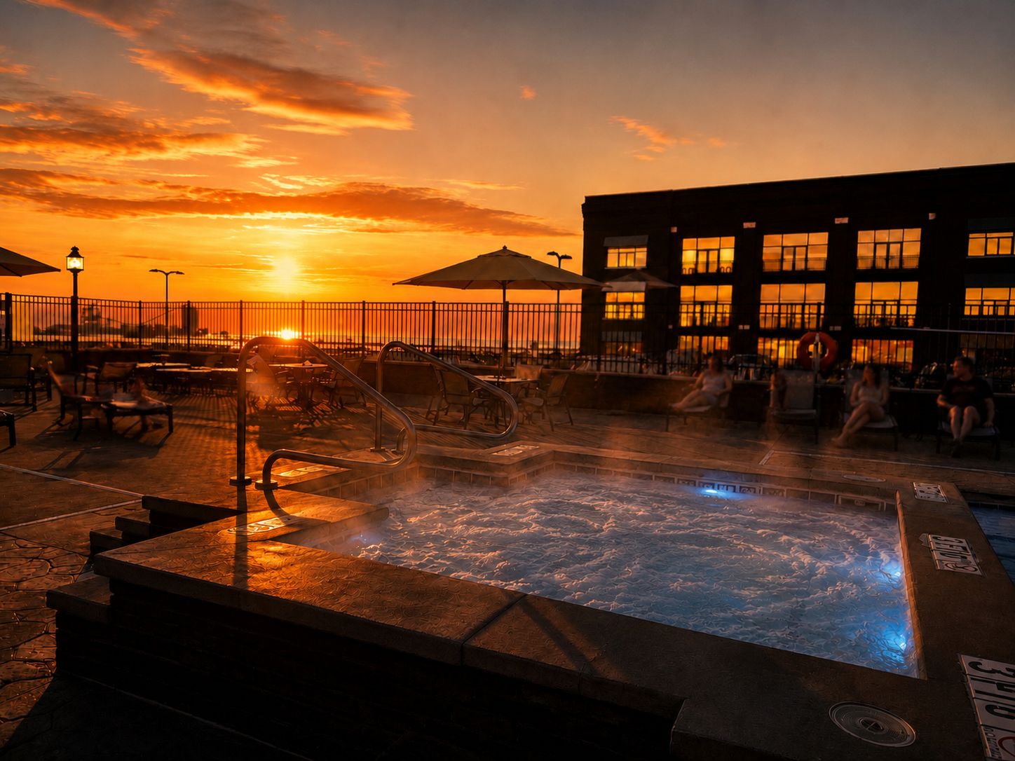 A rooftop pool with a view of the sunset, outdoor seating, and a building in the background.