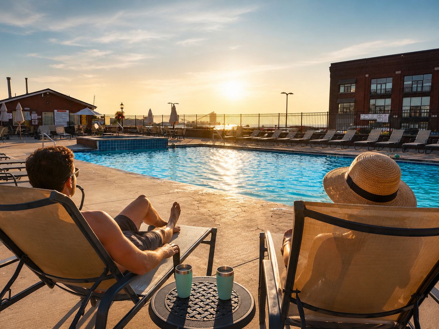 A poolside area with lounge chairs and a sunlit pool.