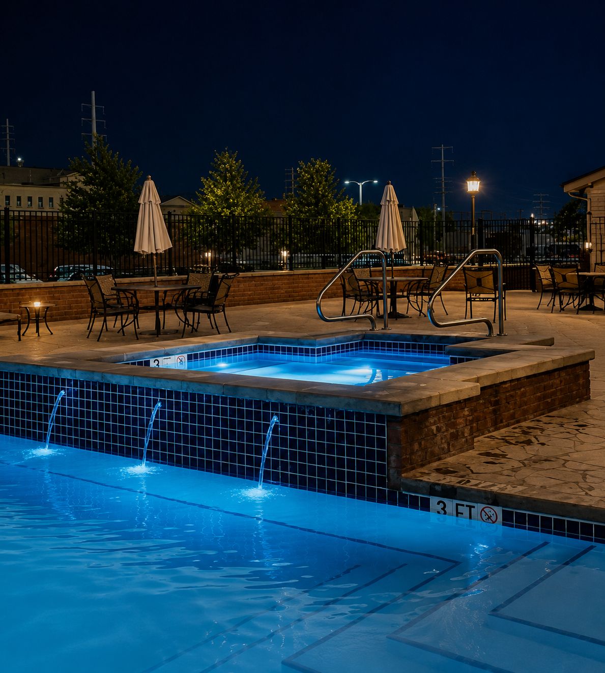 A swimming pool with a tiled edge, a lounge area with chairs and umbrellas, and a brick wall.