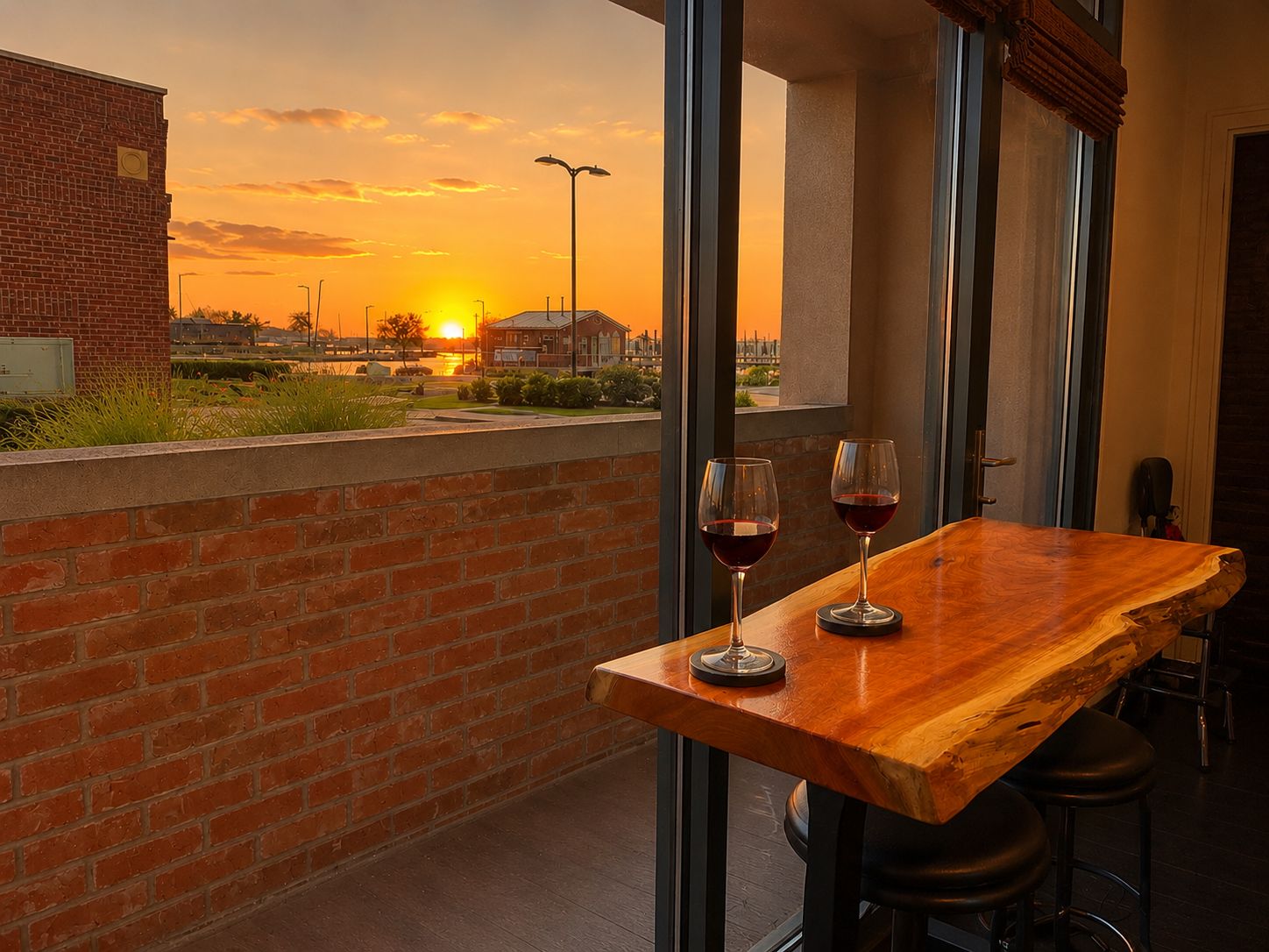 Une table en bois, deux verres de vin rouge, une vue sur le coucher de soleil et un mur de briques.