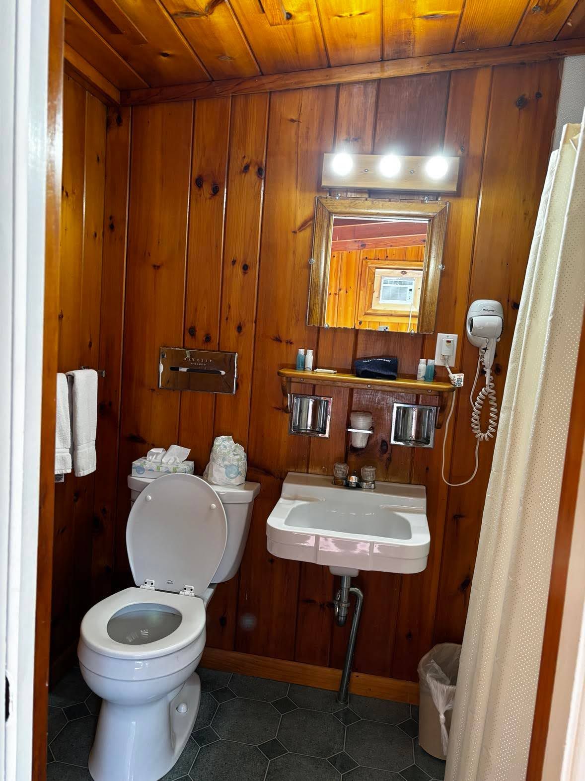 Un baño con paneles de madera, un inodoro, un lavabo y un secador de pelo.