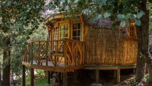 A treehouse with a wooden deck and thatched walls, surrounded by trees and rocks.
