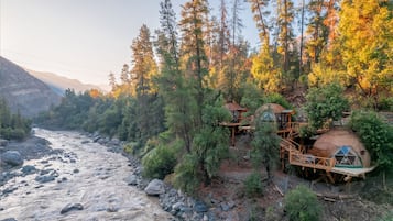 Una cabaña a orillas del río con varias casas en los árboles unidas por pasarelas de madera, rodeada de un bosque denso y montañas.