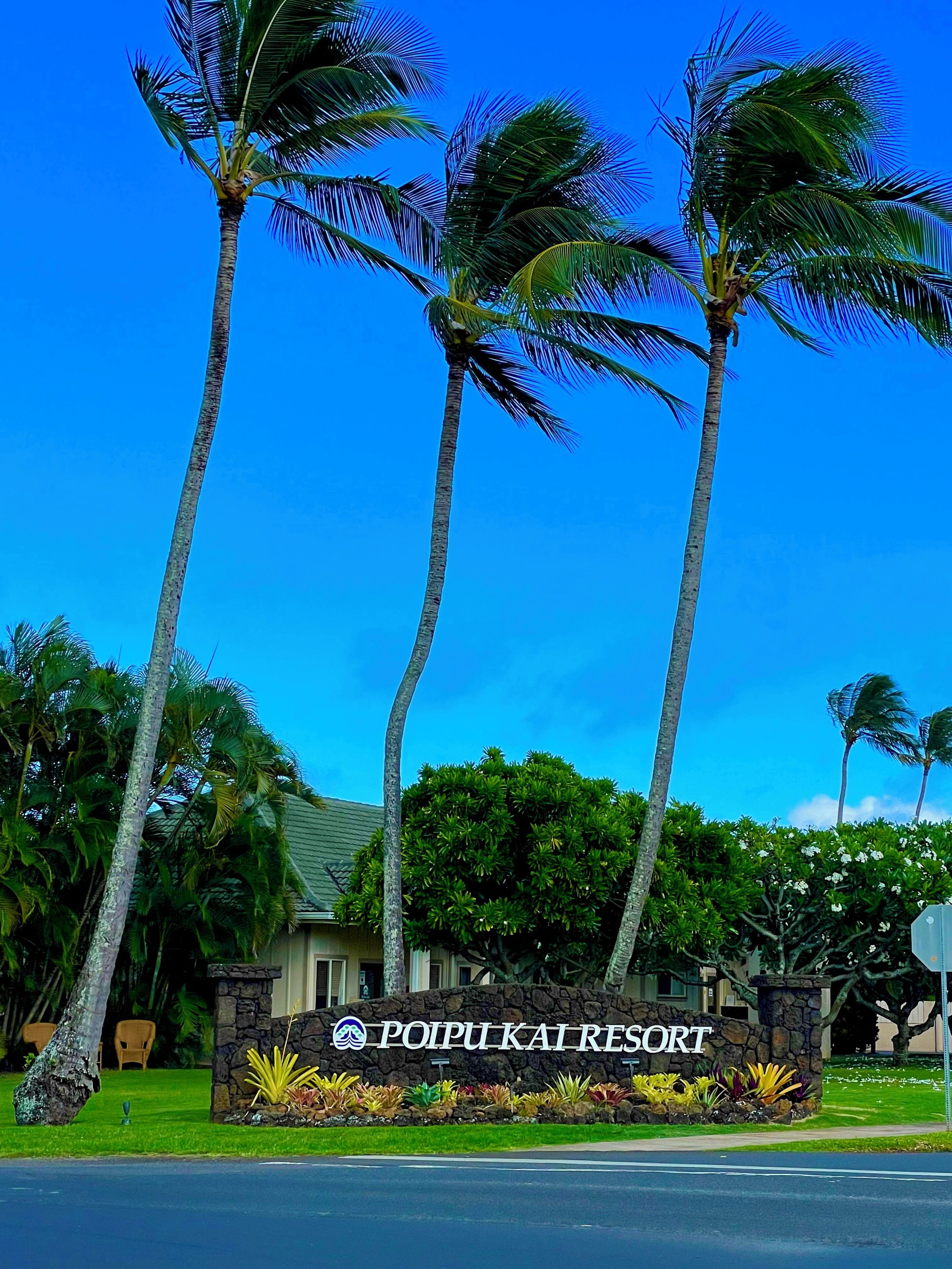 A sign for Poipui Kai Resort with palm trees and a stone wall.