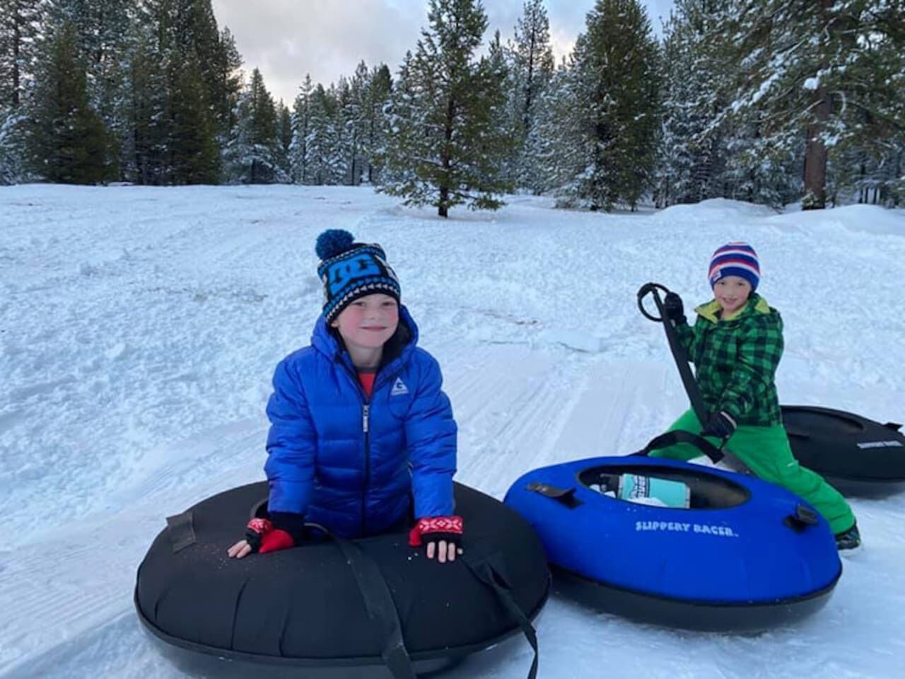 Dos niños deslizándose en trineo sobre nieve, con árboles al fondo.