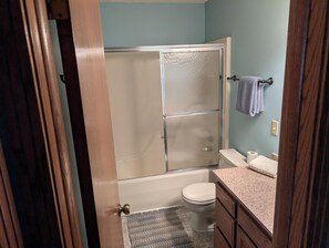 Ein Badezimmer mit Duschkabine, Toilette und Waschbecken mit Ablagefläche.