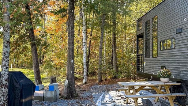A cabin with a covered grill, picnic table, and a small garden.