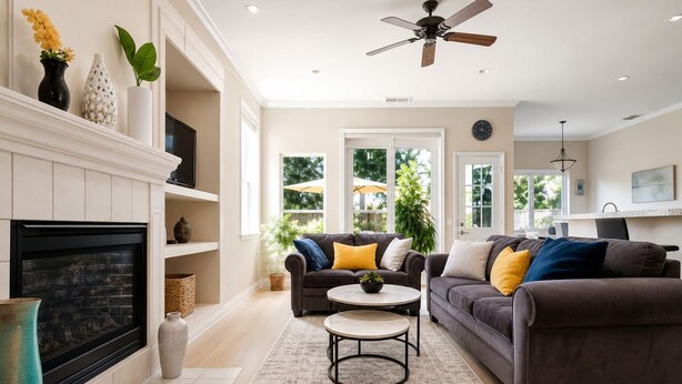 A living room with a fireplace, two sofas, a coffee table, and a ceiling fan. - Grace Vista Spacious Near Downtown, Bars, UC Davis (West Sacramento)
