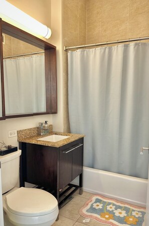 A bathroom with a toilet, sink, mirror, shower curtain, and a decorative rug. - Million dollar view 2-bedroom apartment in New York with AC and gym access (New York)