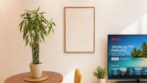 Ein modernes Wohnzimmer mit Essbereich, einem Blumentopf, einem gerahmten Kunstwerk und einem Fernseher, der eine tropische Paradisszene zeigt.
