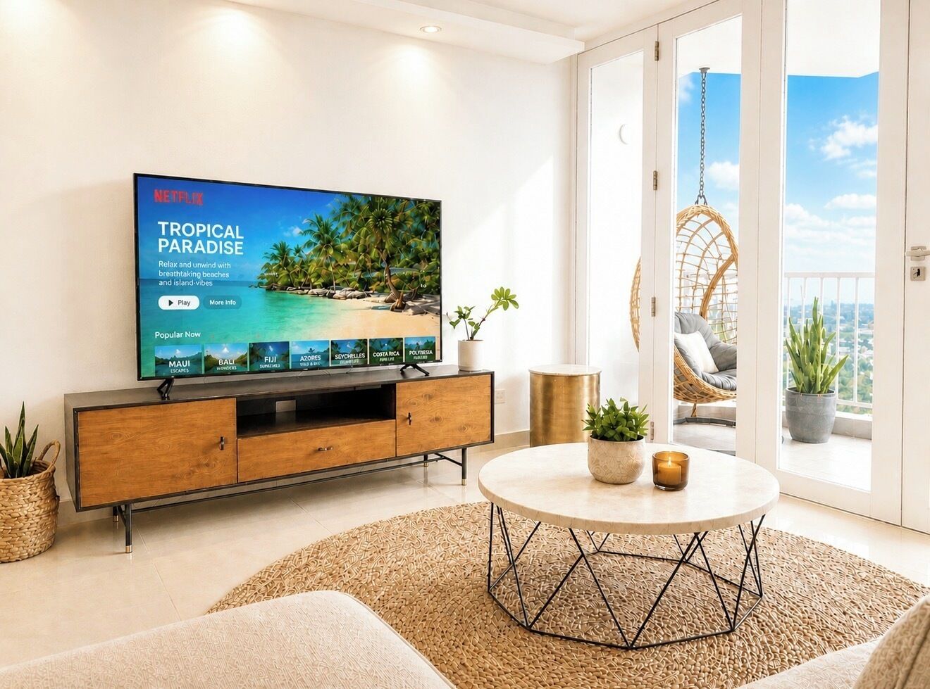 Ein modernes Wohnzimmer mit einem großen Flachbildfernseher, der eine tropische Paradisszene zeigt, einer Holzkommode, einem runden Couchtisch mit Kerzen und einem Balkon mit einer Hängematte.
