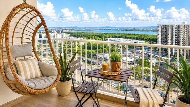 Ein Balkon mit einem Korbstuhl, einem kleinen Tisch mit einer Pflanze und Blick auf eine Stadtlandschaft und Wasser.