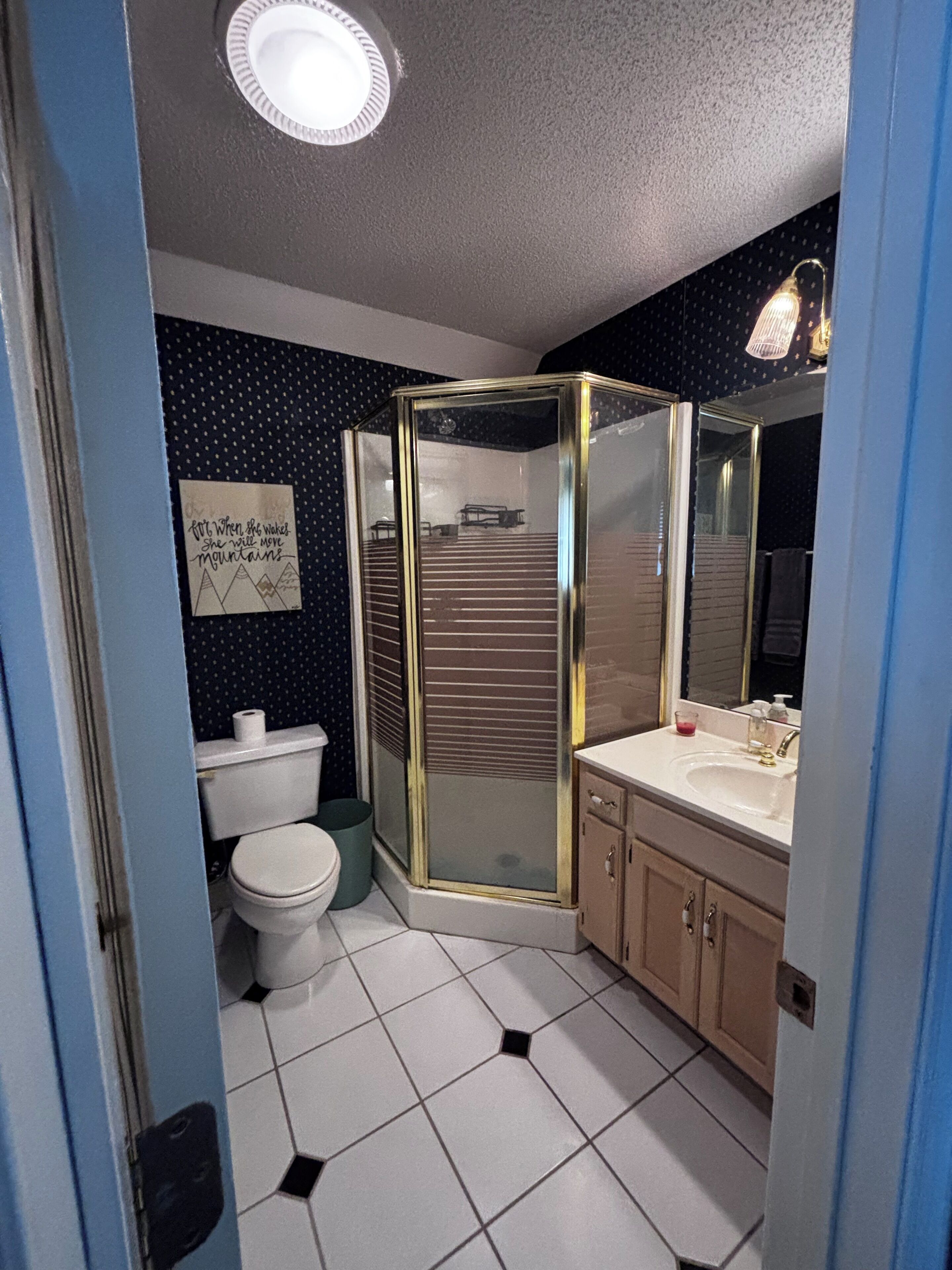 Een badkamer met toilet, wastafel, douche met glazen deur en spiegel.