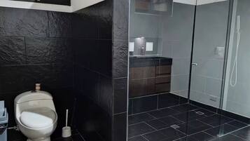 Douche, sèche-cheveux, serviettes fournies, savon