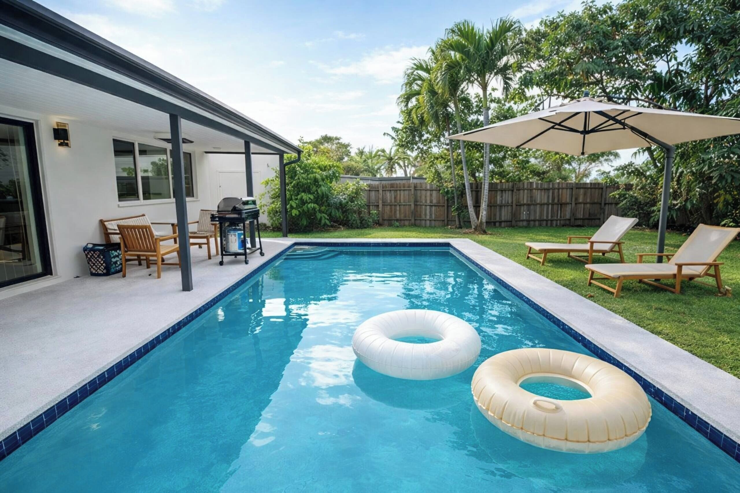 Una piscina con due cerchi gonfiabili, una veranda coperta con sedie e un recinto in legno sullo sfondo.