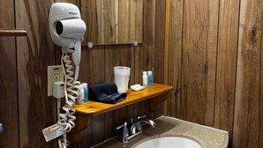 Un baño con pared de madera, un secador de pelo, un espejo, un lavabo y un perchero para toallas.