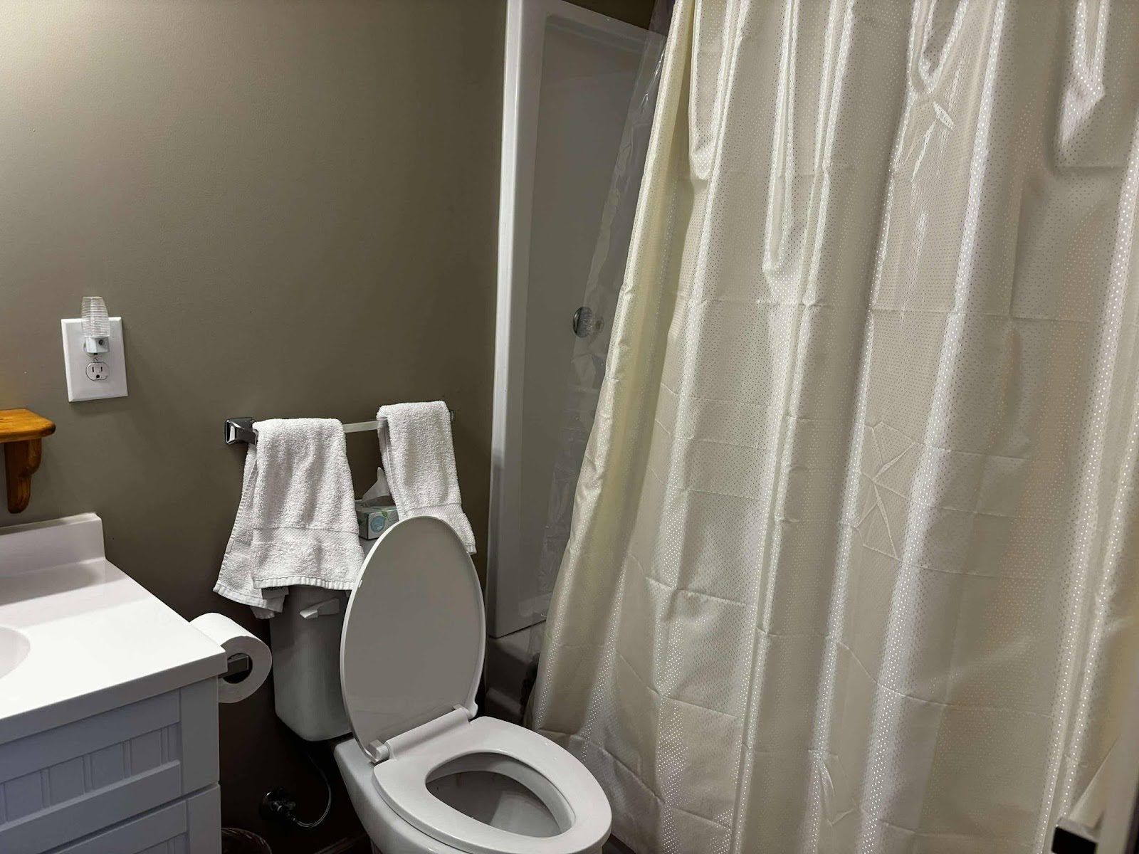 Ein Badezimmer mit Toilette, Waschbecken und Duschvorhang.