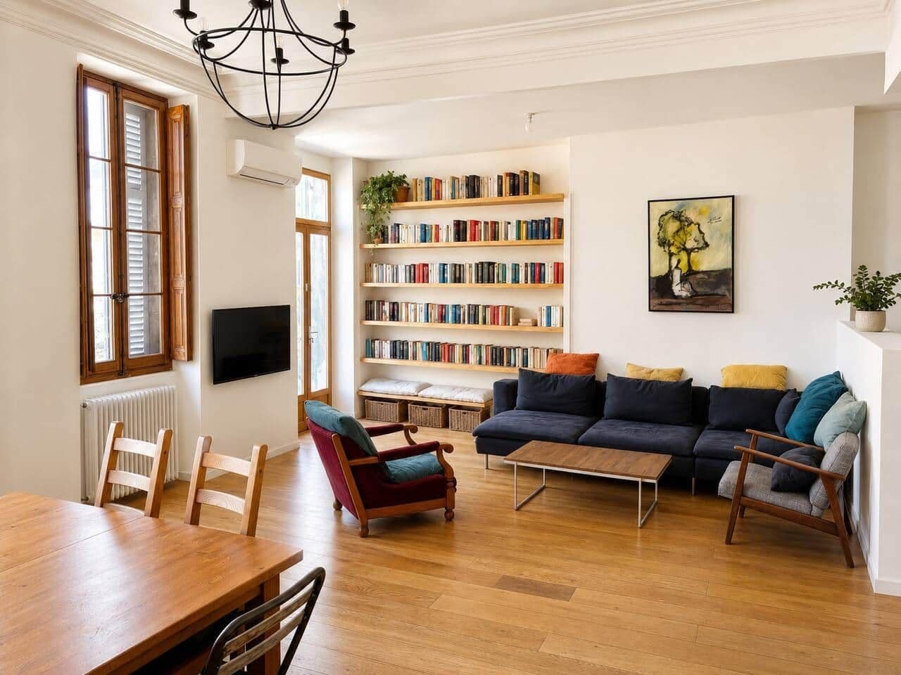 Smart-TV, peis, bøker og musikkbibliotek
