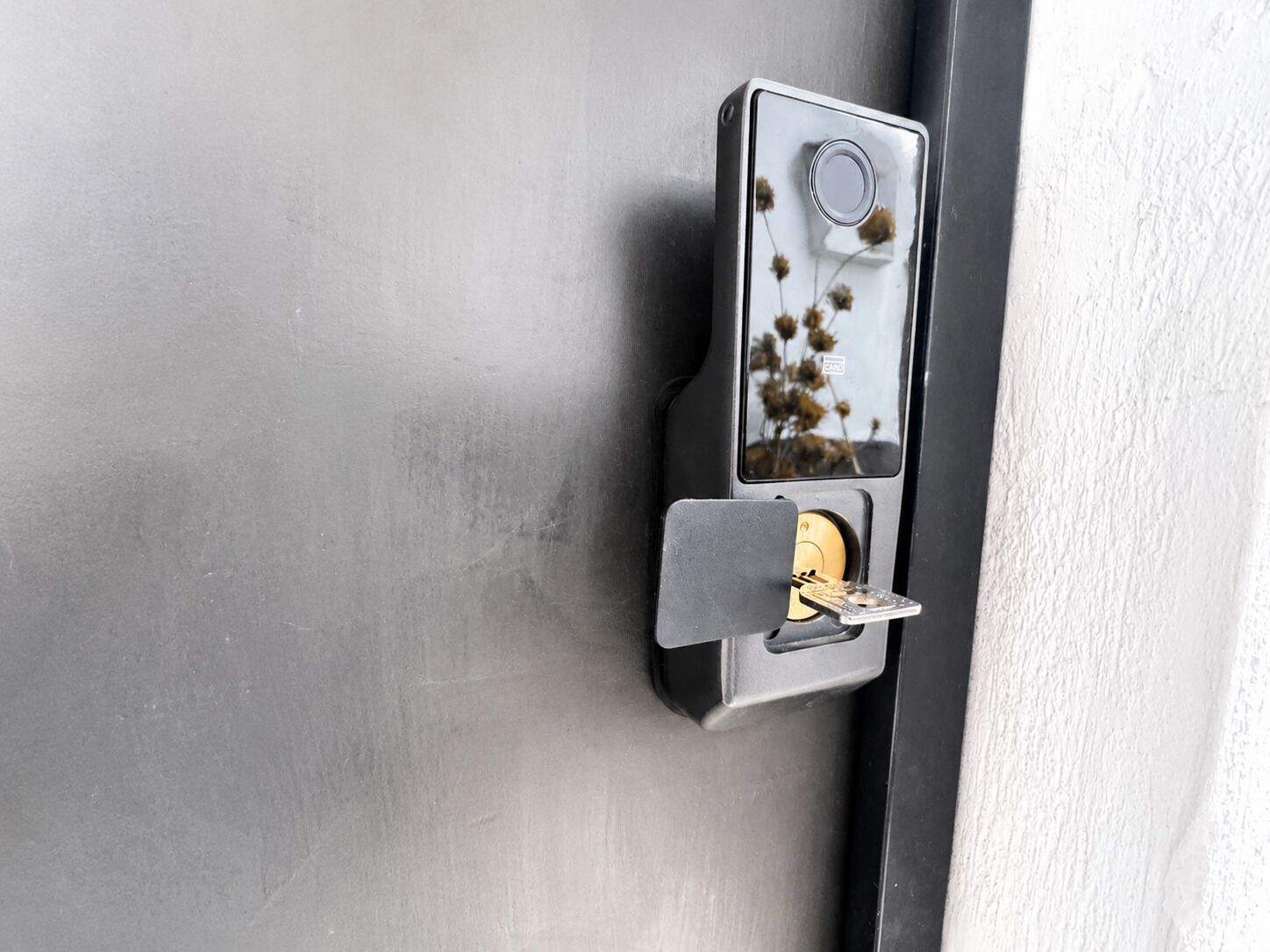 A door with a keyhole and a lock mechanism.