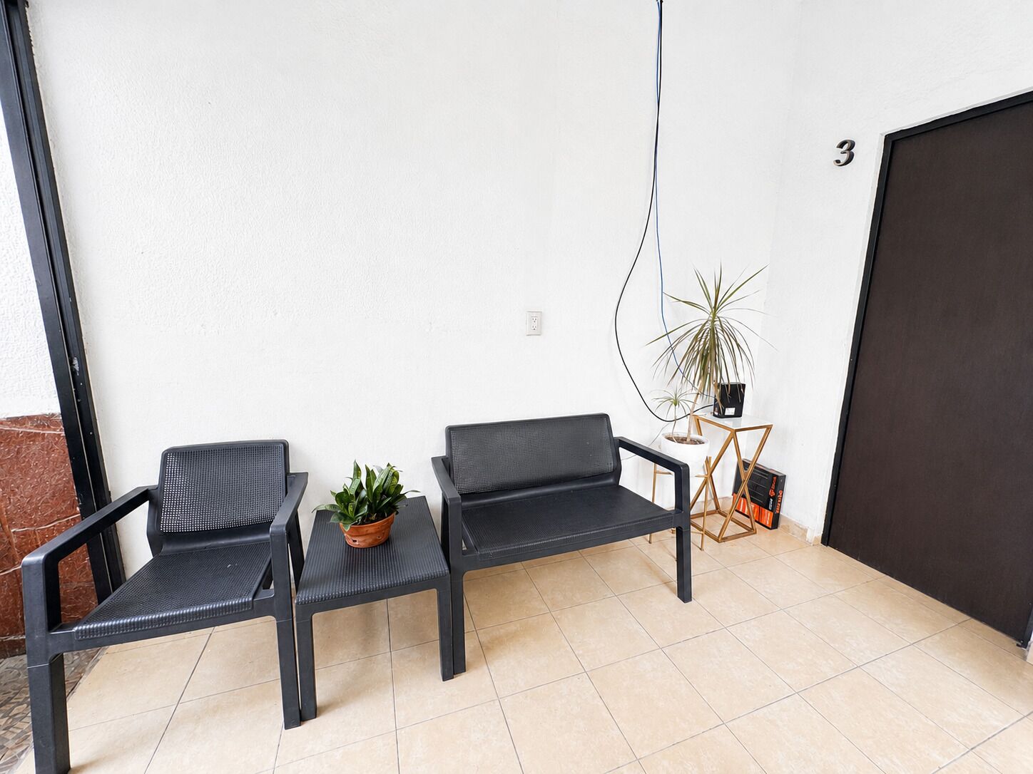 Una habitación con dos sillas negras, una mesita con una planta en maceta y una puerta oscura grande.
