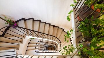 Una escalera en espiral con barandilla y peldaños, rodeada de vegetación.