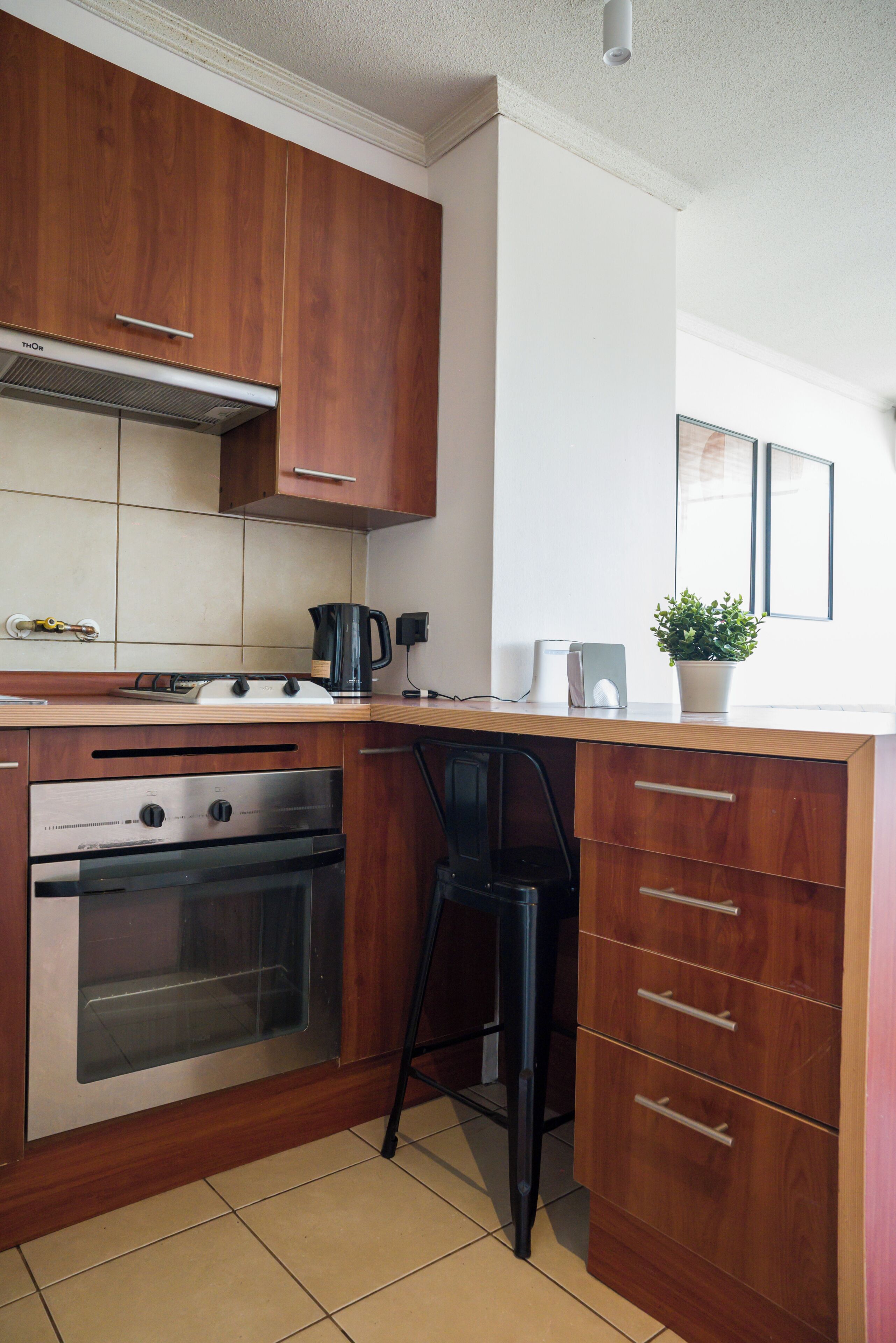 Una cocina con armarios de madera, estufa, horno, cafetera y una planta en maceta.