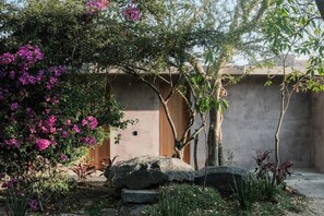 Un patio con un muro de piedra, una puerta de madera y un árbol con flores rosadas.