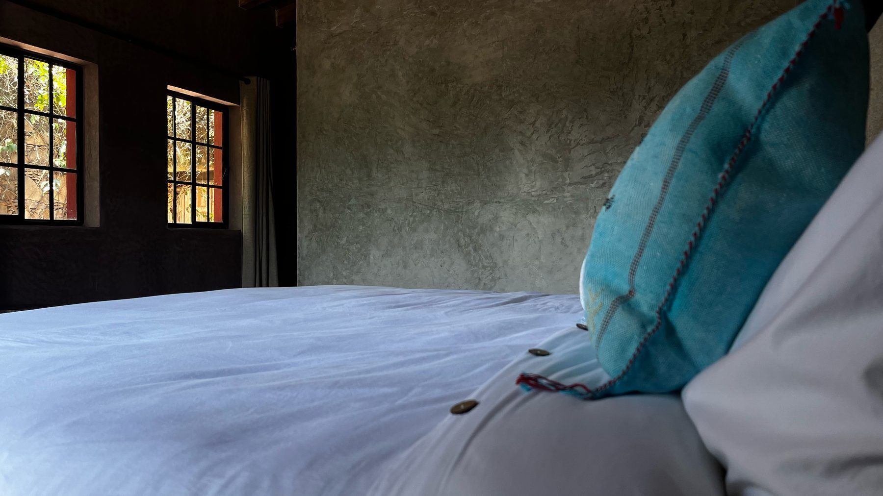 A bed with a white sheet, a teal pillow, and a window with a view of trees.