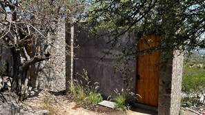 A stone building with a wooden door, surrounded by trees and vegetation.