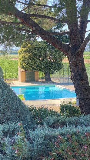 A swimming pool surrounded by greenery and a tree. - Appartement avec PISCINE/TENNIS dans petite residence  proche village provencal (Sablet)