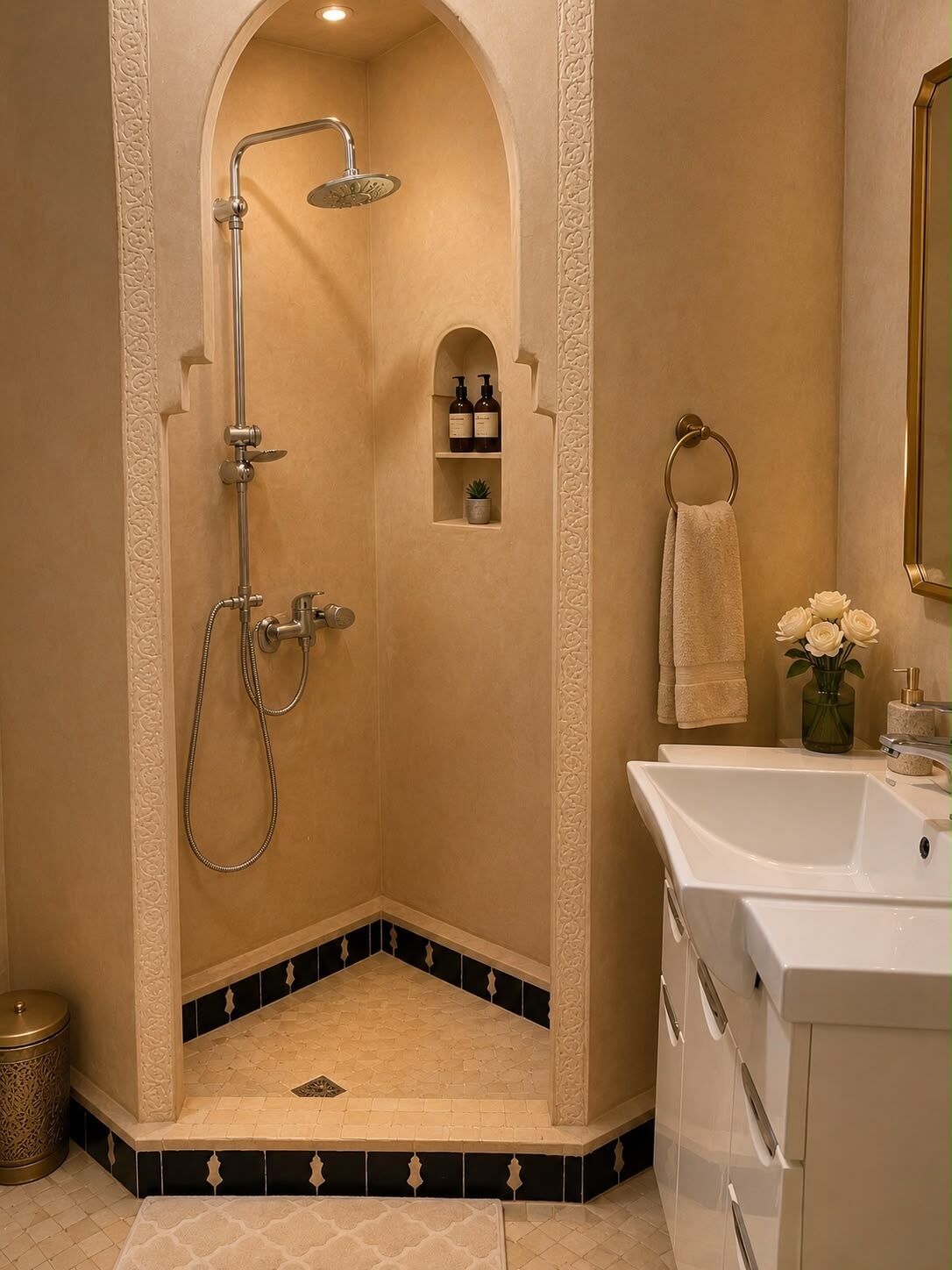 A bathroom with a shower, sink, and decorative tiles.
