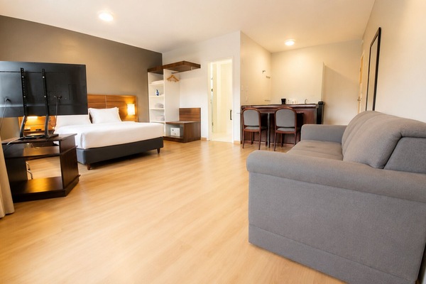 Studio Suite, 1 Queen Bed, Kitchen | Laptop workspace, blackout drapes, WiFi (free), bed sheets