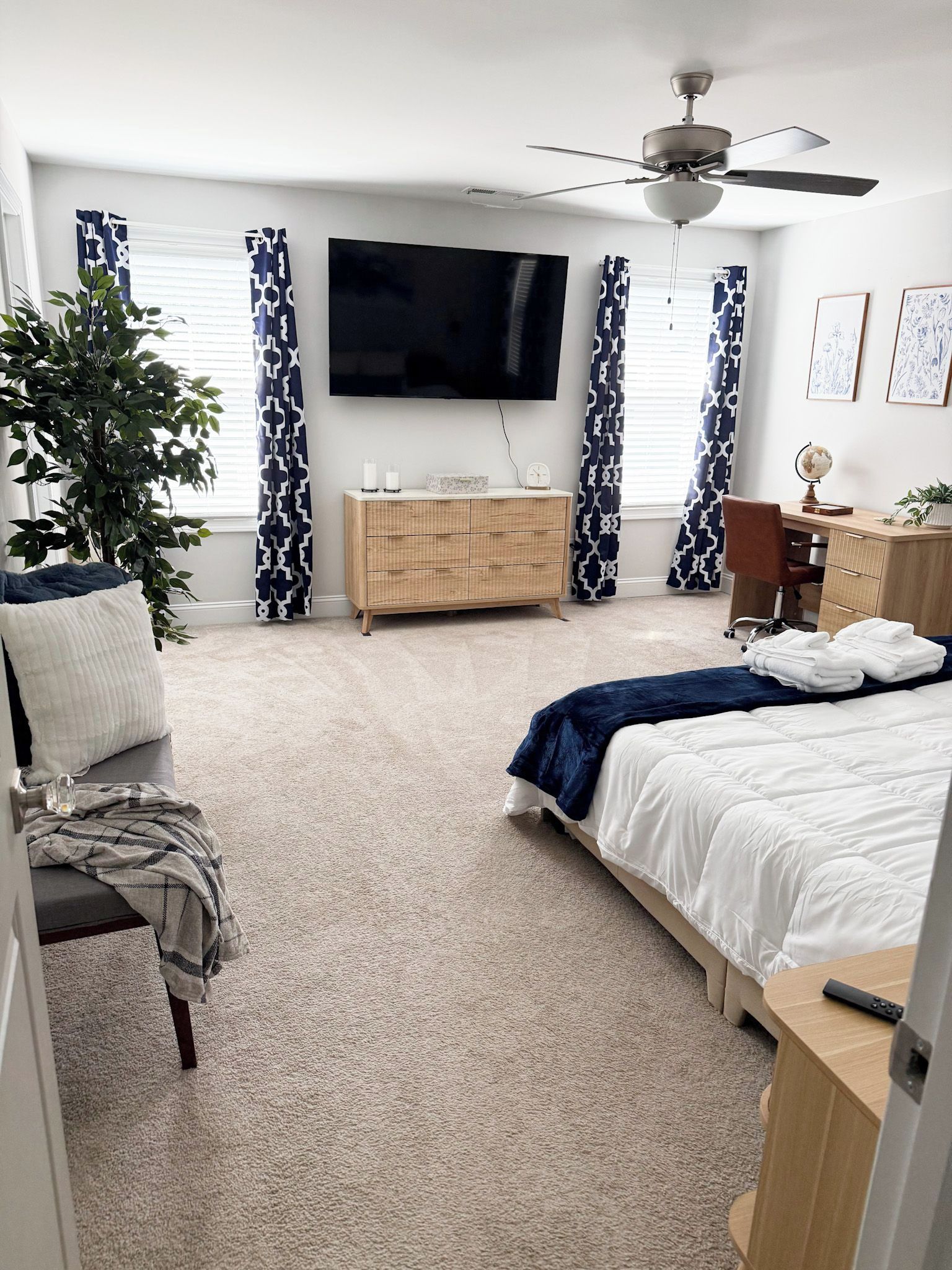 A bedroom with a bed, a dresser, a television, a ceiling fan, and a potted plant.