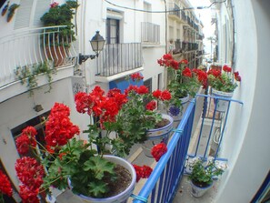 A narrow balcony with red geraniums in pots, a blue railing, and a white building with balconies. - Apartment 'Nou 8' with Balcony, Wi-Fi and Air Conditioning (Sitges)