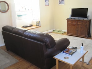 Ein Wohnzimmer mit braunem Ledersofa, einem kleinen Holztisch mit einem Buch und einer Flasche, einem Fernseher auf einer Holzkommode und einer grünen Matte auf dem Boden.