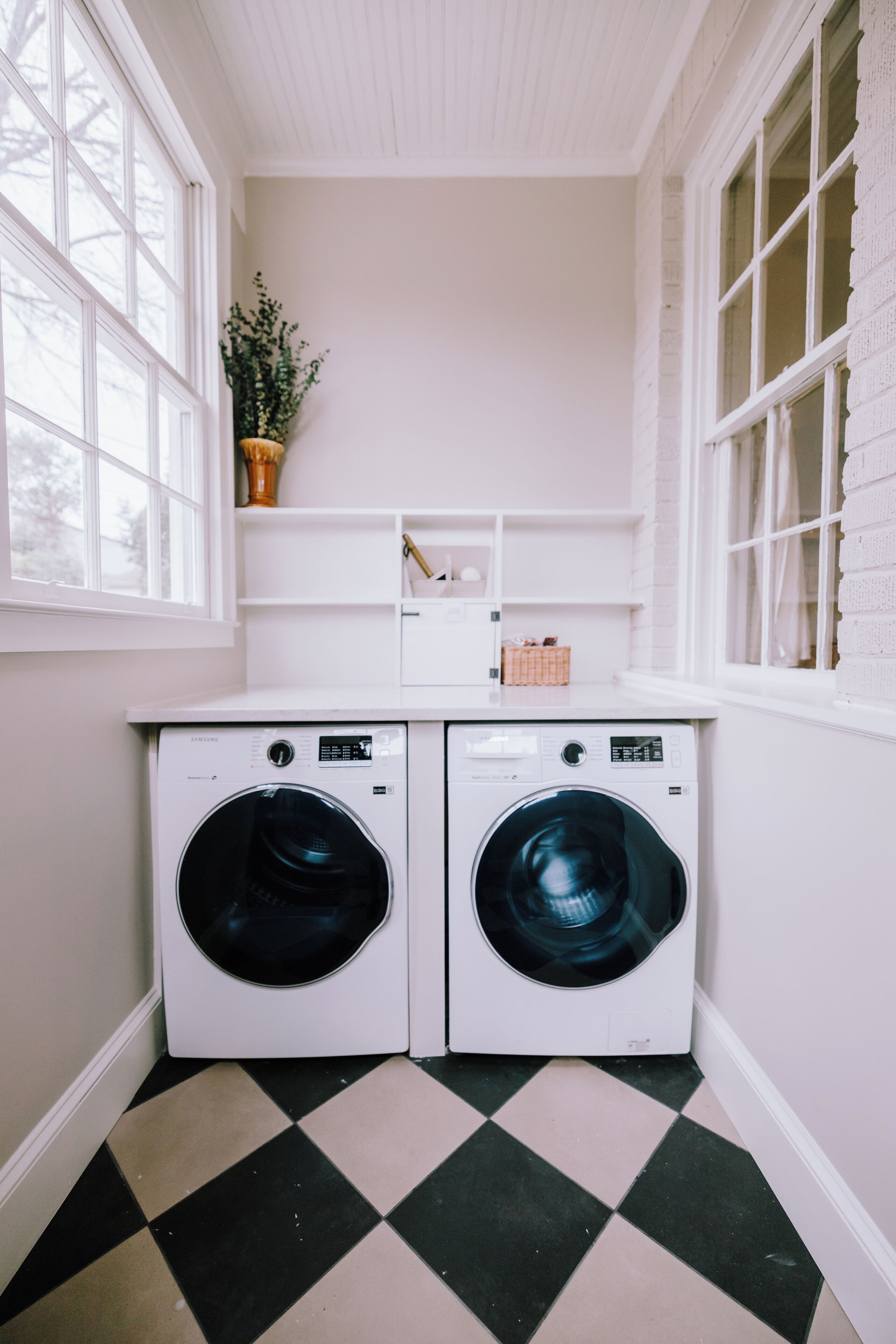 A laundry room with two front-loading washing machines, a potted plant, and a window.