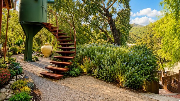 A spiral staircase leading to a green structure, surrounded by lush greenery and a gravel path. -     Peaceful 1BR Cabin Near Malibu • AC • Pet Friendly (Agoura Hills)