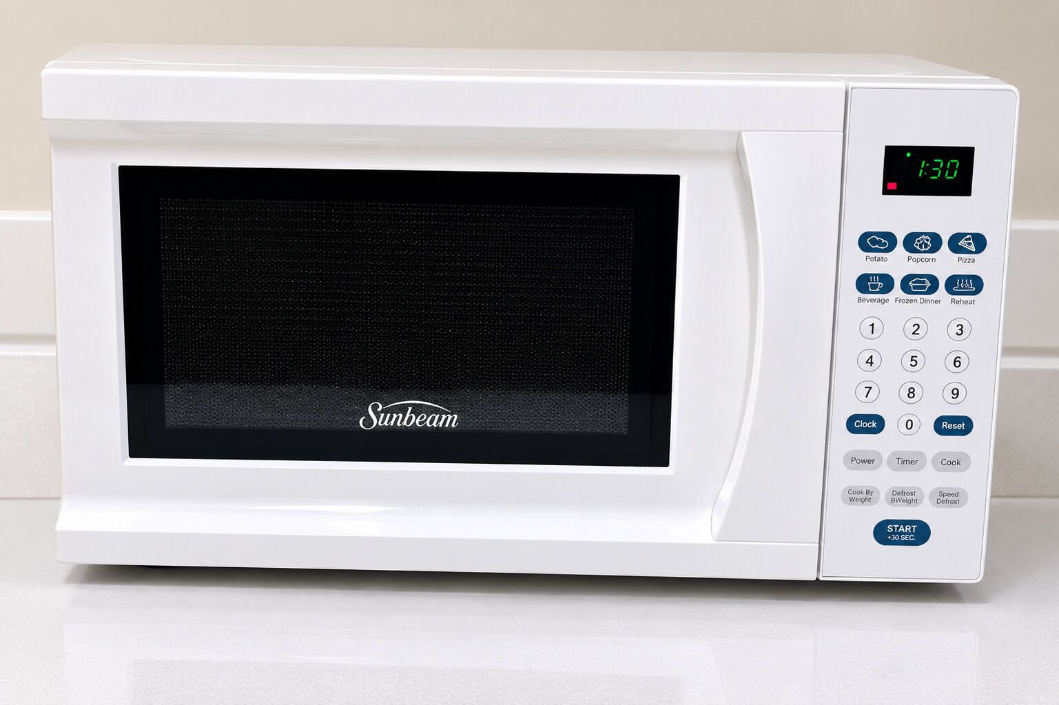 A white microwave oven with a digital display, control buttons, and a brand name 'Sunbeam' on the door.